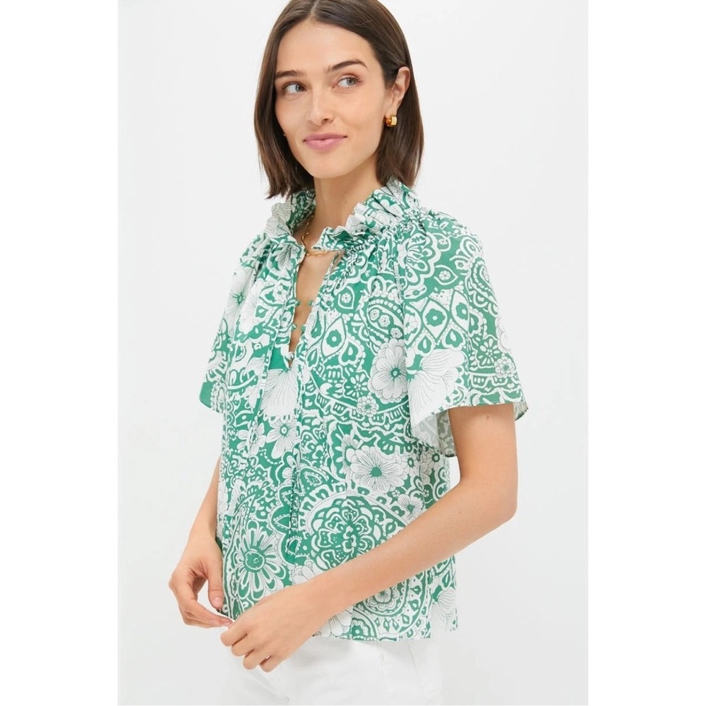 Tuckernuck Green and White Floral Print Ruffle Neck Top - Picture 3 of 11